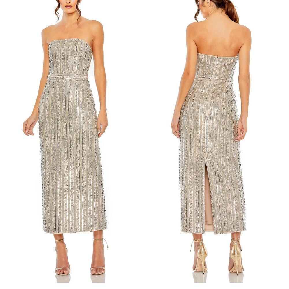 Mac Duggal 93831 Dress Bead Sequin Embellished Strapless Midi Column Nude NWT 2